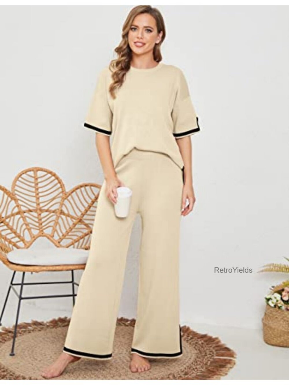 Womens Knit 2 Piece Sweater Set Short Sleeve Top Wide Leg Lounge Pants - Picture 4 of 6